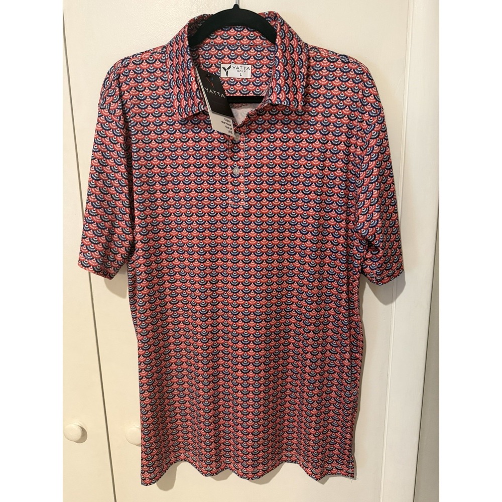 Yatta Golf Polo Shirt Mens Size Large Trim Patriotic Print Red White Blue NWT